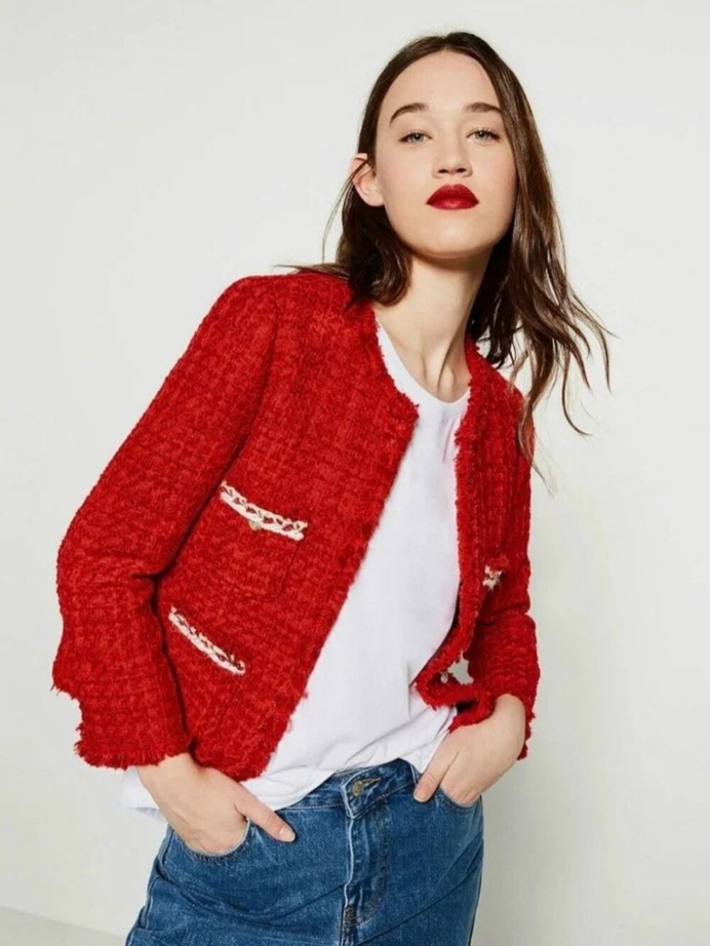 Zara Red Tweed Fantasy Fabric Blazer Jacket A455 Gold Buttons Sz S French Girl - Picture 1 of 10
